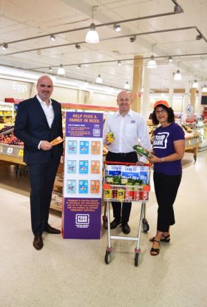 Customers will be encouraged to look out for the donation cards when shopping at Coles.
(L-R: Foodbank SA CEO Greg Pattinson with Coles state GM Neil Lake and another Foodbank representative).